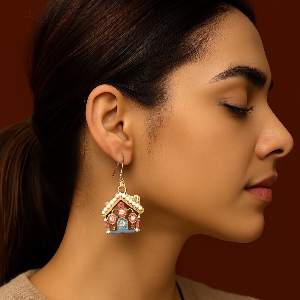 Gingerbread House Dangle Earrings Synthetic Resin 1 1/2" Drop Colorful
